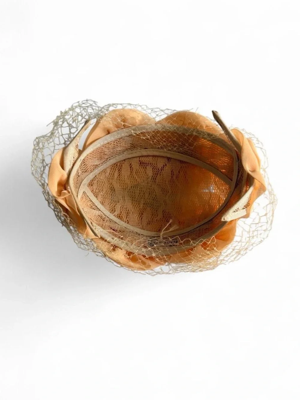 Vintage 1950s Peach Floral Chiffon Pillbox Hat Birdcage Veil Union Tag